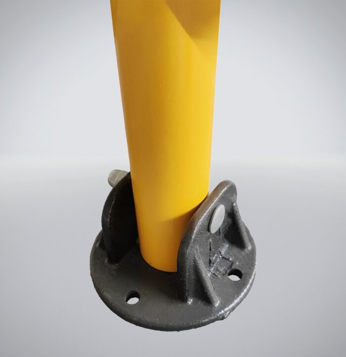 Yellow fold down bollard featuring integrated black base with optional expansion bolts, compatible with 16mm flange holes.