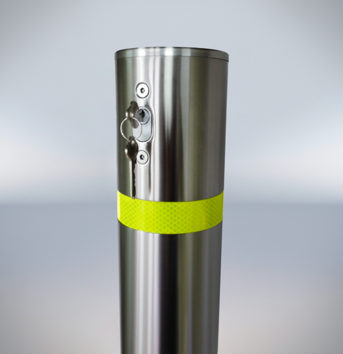 316SS stainless steel telescopic bollard with yellow reflective tape, side keyhole, keylock, for industrial security.