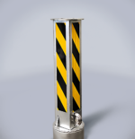 Carbon steel retractable bollard featuring black-and-yellow warning stripes, with lock and key positioned at the base of the column.