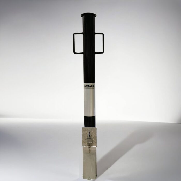 Black and white 89-type underground movable bollard with binaural handle and 'KAVASS' logo, highlighting brand details and padlock-based movement control.