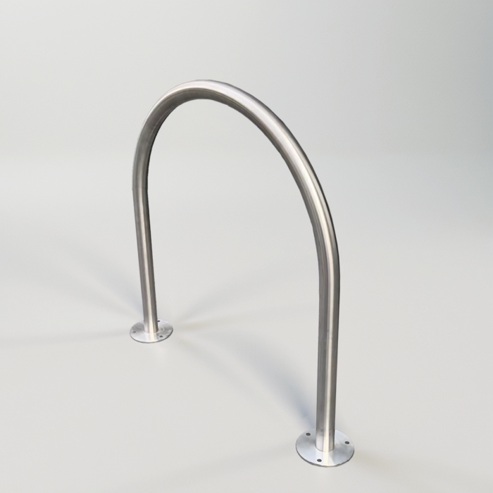 Surface-mounted 316 stainless steel hoop bike rack, highlighting its metallic texture and stable frame for secure bicycle placement.