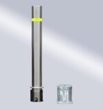 Full view of stainless steel 114-type bridge-handle underground lock movable bollard with yellow warning band and supporting base, used for area separation.