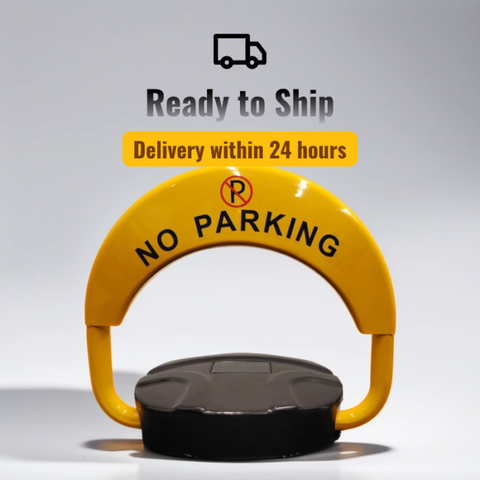 Yellow D-type solar-powered parking lock with 'NO PARKING' label, ready to ship within 24 hours, enhanced motor and battery-free design, ideal for wholesale B2B purchase.