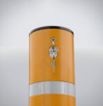 Top detail of the 114 mm Telescopic Bollard - Keylock with bridge handle, featuring reflective strips and integrated lock for enhanced visibility and security.