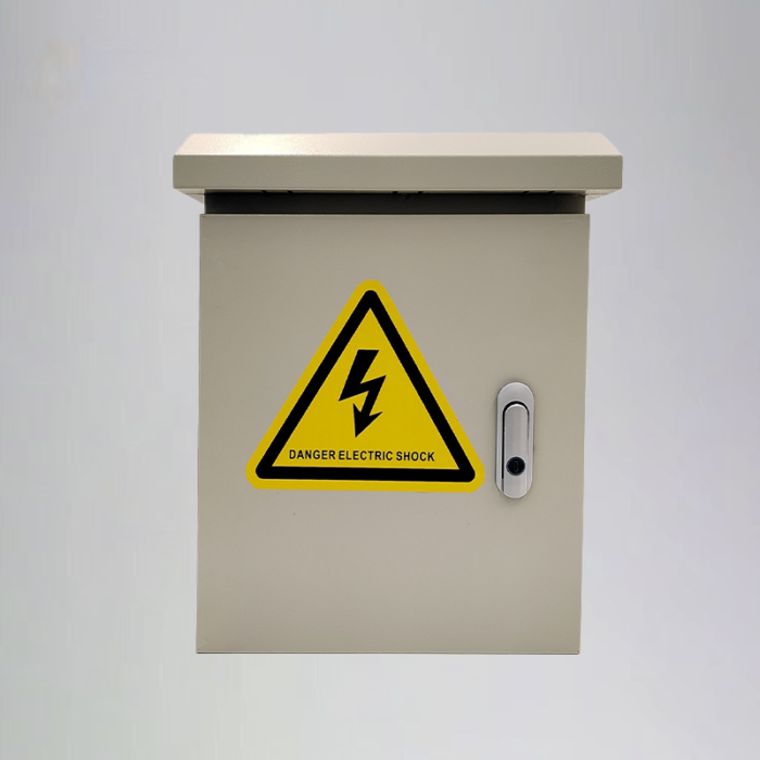 Electrical control box with a ‘DANGER ELECTRIC SHOCK’ sign, likely part of the IoT parking lock power system.