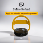 Parking Lock with O-Type Arm and P-Type Base, yellow body with overlay stating online refund available for quality issues, ensuring buyer confidence.