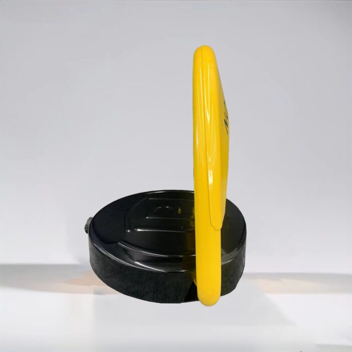Side angle of yellow D-type remote-controlled parking lock with reinforced motor and dry battery system, intended for managing private parking spaces.