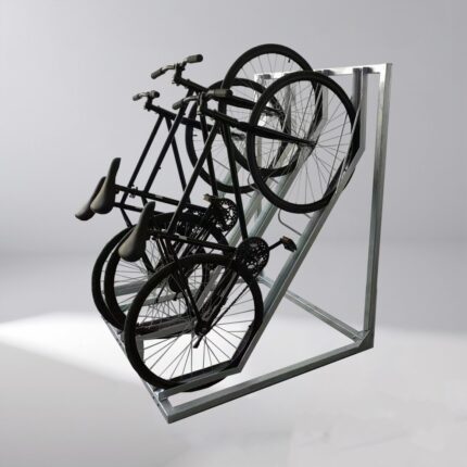 KAVASS semi-vertical bike rack with multiple black bicycles parked, highlighting space efficiency and user-friendly access.