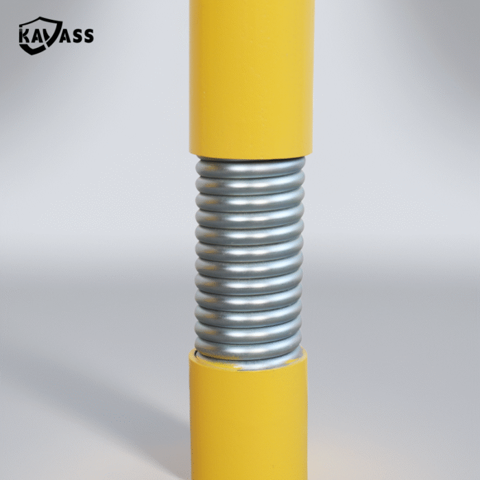Close-up of heavy-duty spring mechanism in 60 spring-loaded fold-down bollard, designed for high-impact resistance in residential and commercial areas.