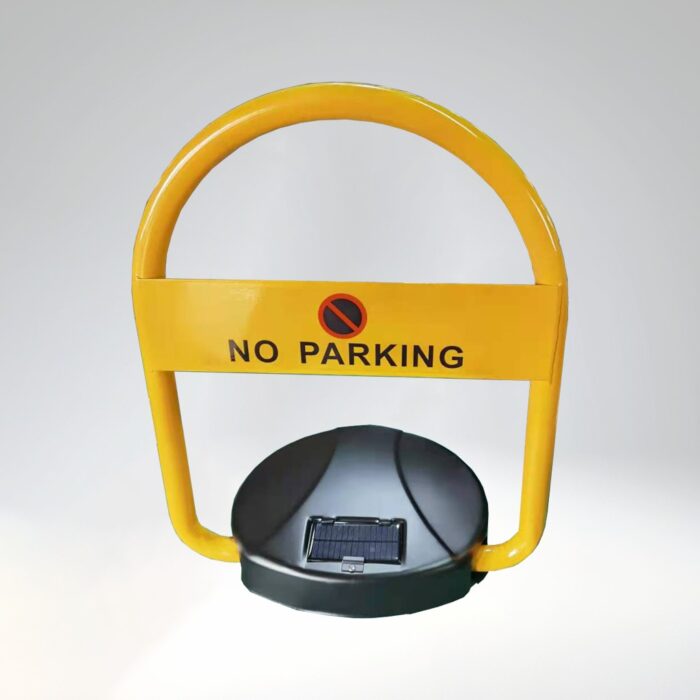 Side view of solar-powered remote parking lock, highlighting the yellow frame and black base to show structural design.