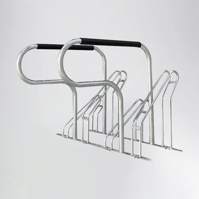 Silver galvanized Triangle stand bike rack with handles, featuring a simple design and durable metal finish for public bike parking.