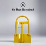 Yellow manual parking lock with built-in lock, promotional text indicates no minimum order quantity for flexible purchasing.