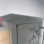 Top detail of a single-door bike locker, showing smooth surface and rounded edges for enhanced durability and safety.