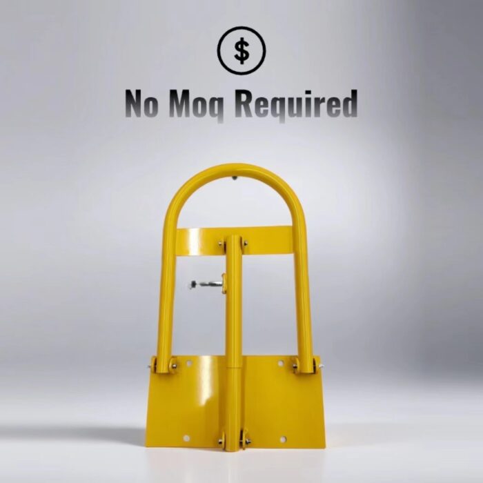 Yellow manual parking lock with built-in lock, promotional text indicates no minimum order quantity for flexible purchasing.
