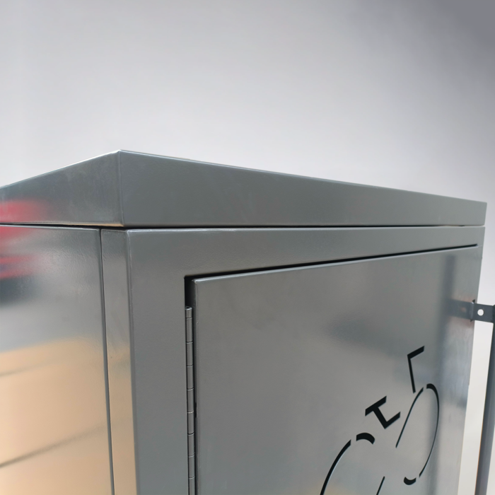 Top detail of a single-door bike locker, showing smooth surface and rounded edges for enhanced durability and safety.