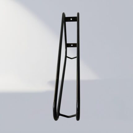 Back view of a black triangular wall-mounted bike rack, showing mounting holes and hardware points for easy installation.