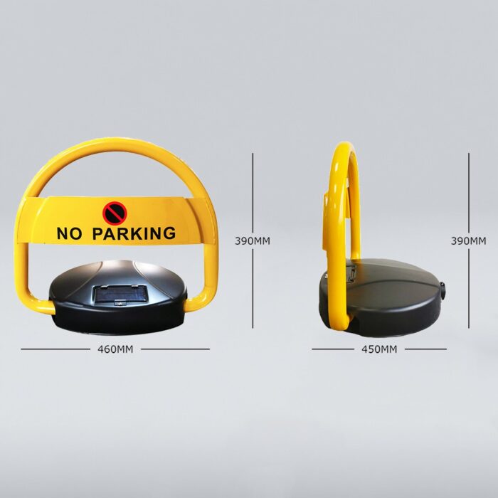 Front and side views of solar-powered parking lock with dimensions marked: 460mm (length), 450mm (width), 390mm (height), illustrating product specifications.