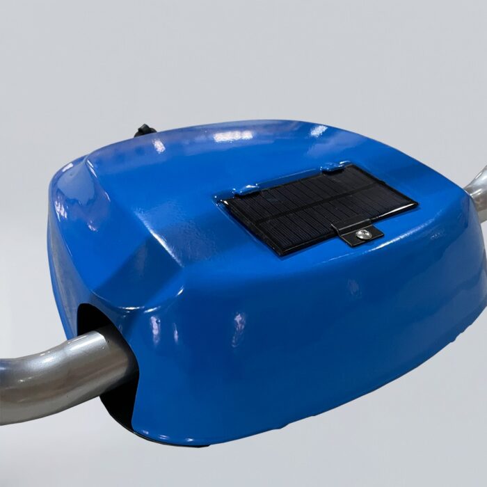 Close-up of blue solar parking lock body with smooth surface and visible solar panel, focusing on product details.