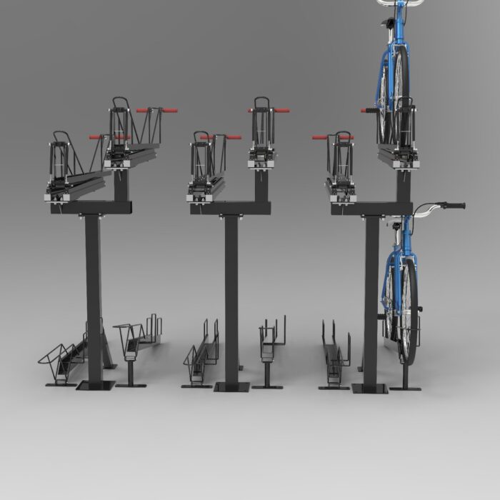 Multi-angle 3D view of KAVASS dual-assisted bike rack showing structural layout and key functional details.
