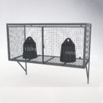 Closed and locked gray mesh locker containing two weight-marked items labeled '100kg', demonstrating high load capacity.