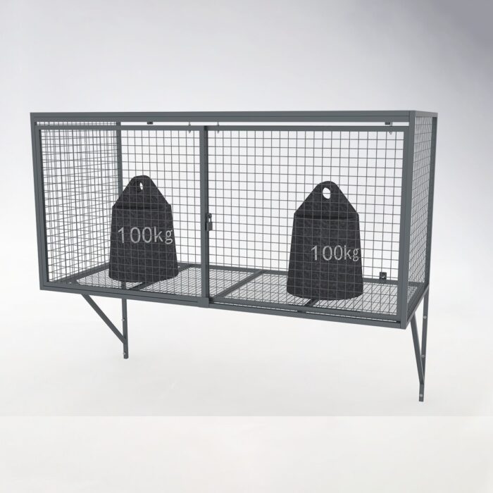Closed and locked gray mesh locker containing two weight-marked items labeled '100kg', demonstrating high load capacity.