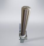 Top-down view of stainless steel retractable bollard, showing connection between top handle and bottom base, designed for traffic control.