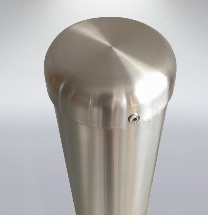 Close-up view of the top of a stainless steel 89mm bollard, highlighting its smooth surface and structural details, demonstrating high-quality craftsmanship.