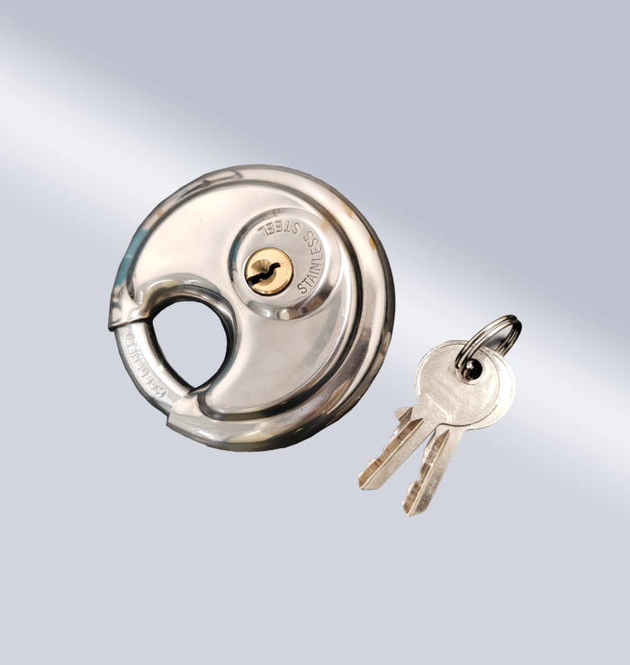 Carbon steel lock and matching keys, with 'STAINLESS' engraved on the lock body and keys strung together for easy handling.