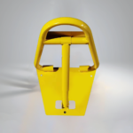 Rear view of yellow A-type manual parking lock, showing full construction, applicable to both private and public parking control.