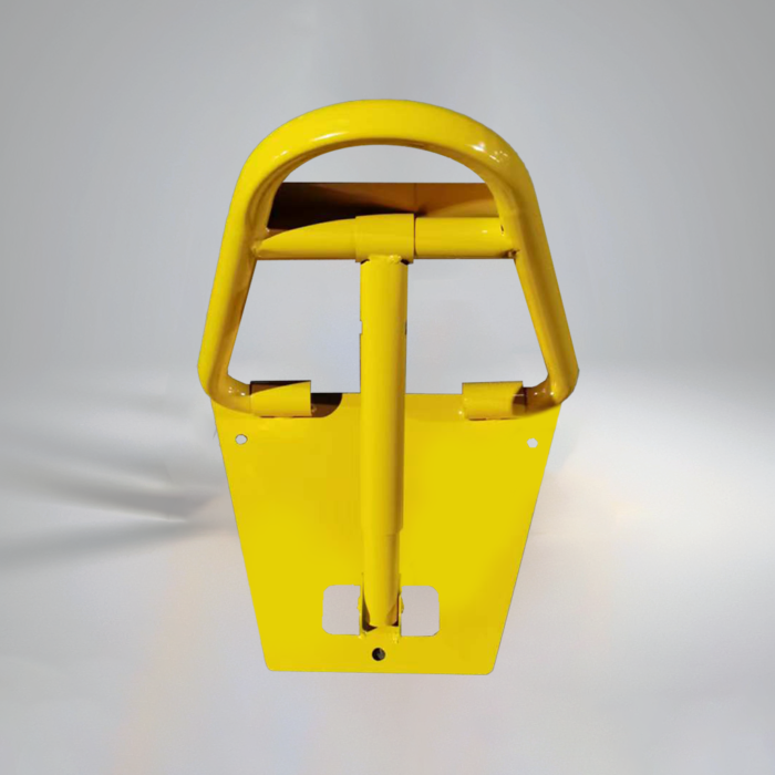 Rear view of yellow A-type manual parking lock, showing full construction, applicable to both private and public parking control.