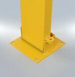 Zoomed-in detail of base-mounted padlock on yellow foldable bollard, showing manual security locking system.