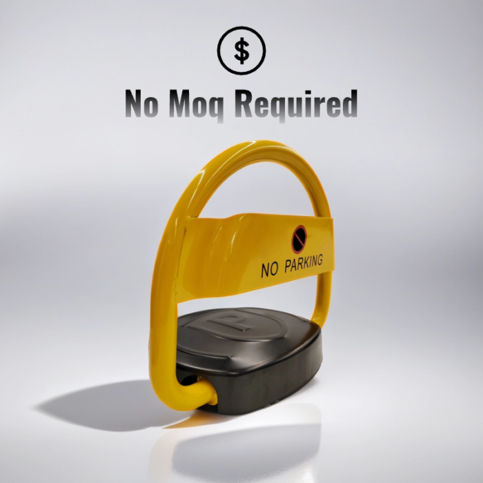 Parking Lock with O-Type Arm and P-Type Base, yellow finish with 'No Minimum Order' text, supporting flexible B2B purchasing.