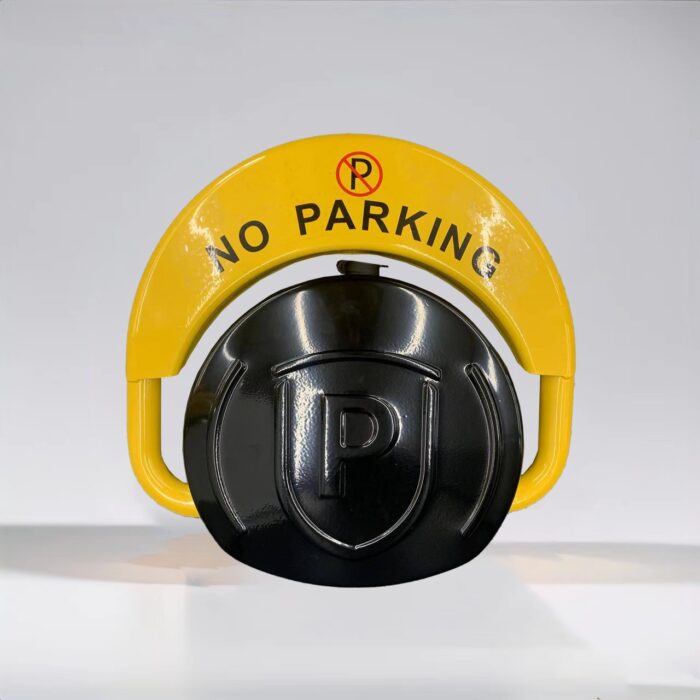 Top view of yellow D-type remote-controlled parking lock in lowered position with 'NO PARKING' sign, featuring reinforced motor and dry battery power, used to block unauthorized parking.