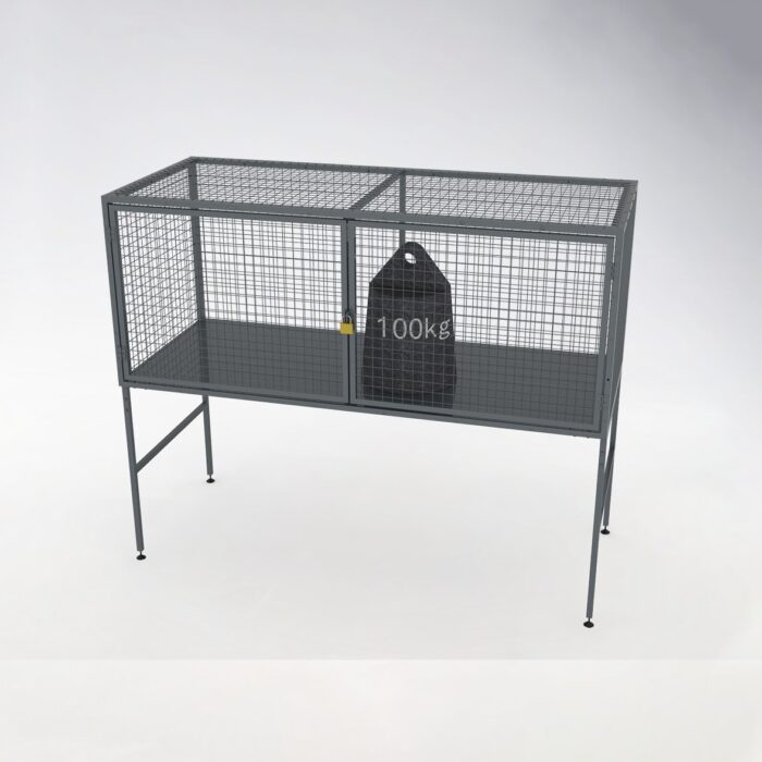Over bonnet storage locker holding a 100kg-labeled object to display its load capacity and structural strength.