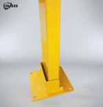 Yellow foldable bollard, rear view, presenting new structural features of the base assembly.