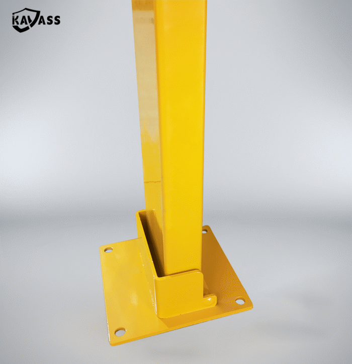 Yellow foldable bollard, rear view, presenting new structural features of the base assembly.