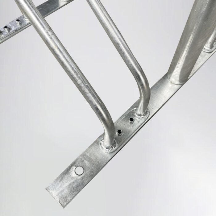 Close-up of galvanized steel Triangle stand bike rack with handles, highlighting welded joints and tube connections.
