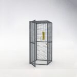 Storage mesh locker with gray finish, shown with the door open and a yellow fixing device inside for secure bicycle placement.