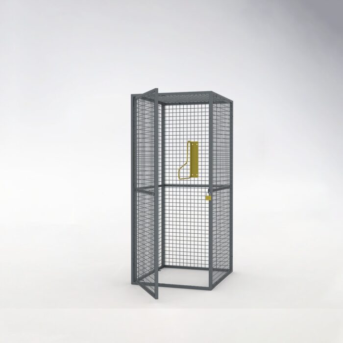 Storage mesh locker with gray finish, shown with the door open and a yellow fixing device inside for secure bicycle placement.