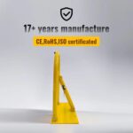 Yellow manual parking lock with built-in lock, banner text highlights over 17 years of manufacturing and certifications including CE, RoHS, and ISO.