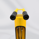 Close-up of the top section of the yellow bicycle repair station, showing black protective parts for handling and tool safety.