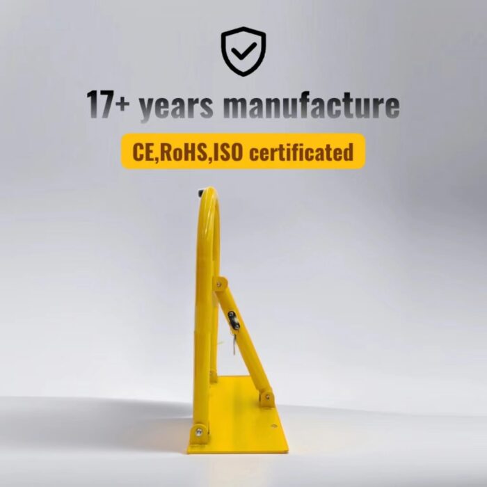 Yellow manual parking lock with built-in lock, banner text highlights over 17 years of manufacturing and certifications including CE, RoHS, and ISO.