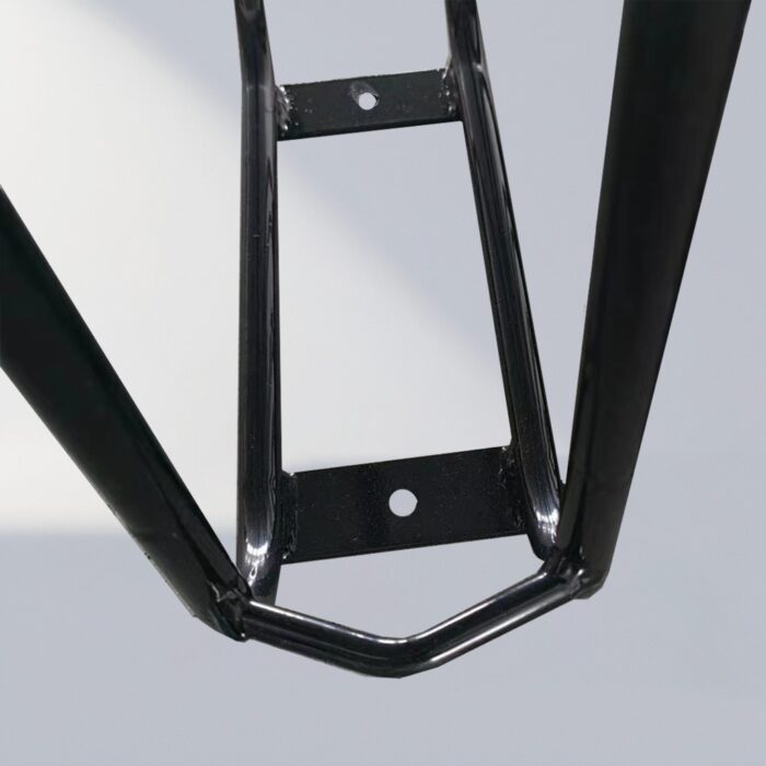 Close-up of a triangular wall-mounted bike rack, showing welded joints and metal structure details to highlight durability.
