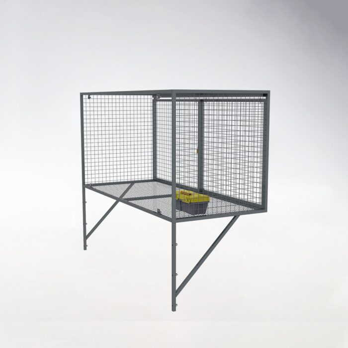 Side view of compact gray metal mesh wall-mounted locker with door closed and locked, showing internal yellow-black storage box and space-saving profile.