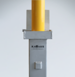 Close-up of raised retractable bollard with visible KAVASS logo, designed for traffic safety in public or commercial spaces.