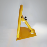 Side angle of yellow A-type manual parking lock, highlighting structural frame for restricting vehicle access.