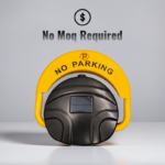 Top-down view of yellow D-type parking lock in lowered arm position, solar-powered, with 'NO PARKING' marking and no MOQ requirement for orders.