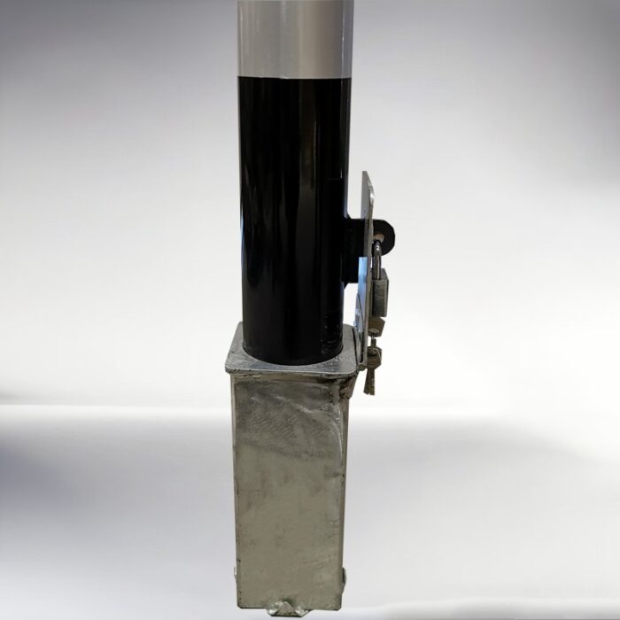 Bottom close-up of the 89-type movable bollard with padlock mechanism, used to lock or unlock and control movement.
