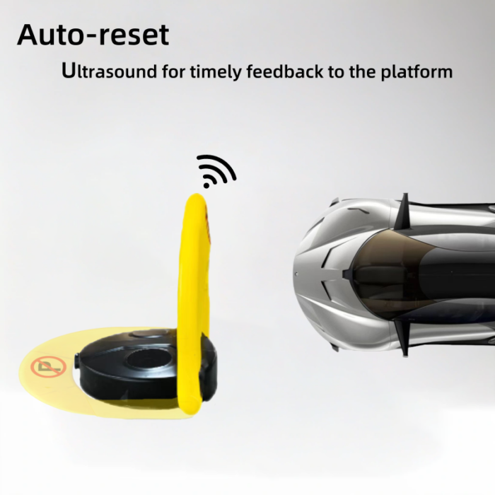 Diagram demonstrating the auto-reset function of the IoT parking lock, with ultrasonic sensors sending feedback to the platform.