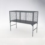 Closed and locked over bonnet storage locker in gray metal mesh, highlighting secure and protective design features.